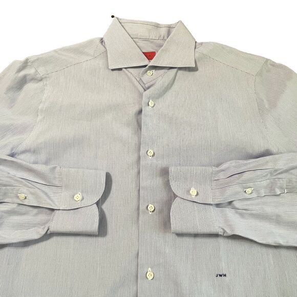 ISAIA Napoli Modern LS Button Up Shirt Italy Made Mini Check Blue Size 46/XL Men - Picture 2 of 9
